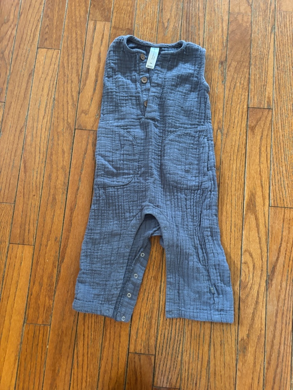 Slate Blue Cotton Gauze Kids One-Piece Romper with Front Pockets